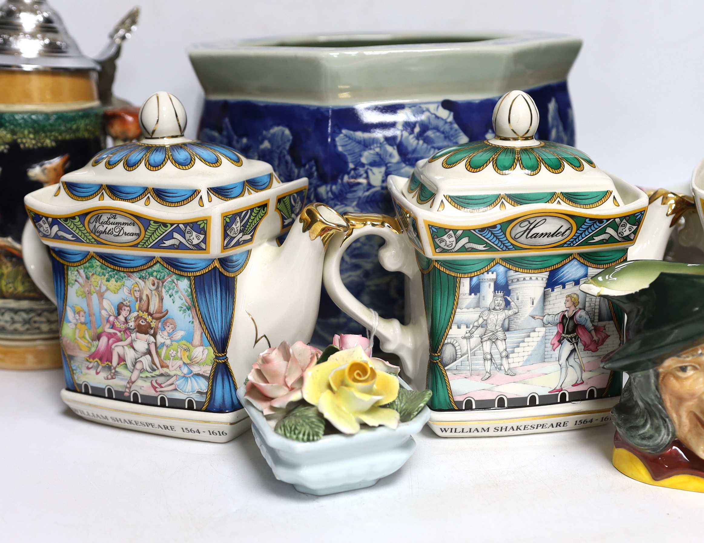 Three Sadler pottery teapots, a blue and white Chinese jardiniere, etc. (8)